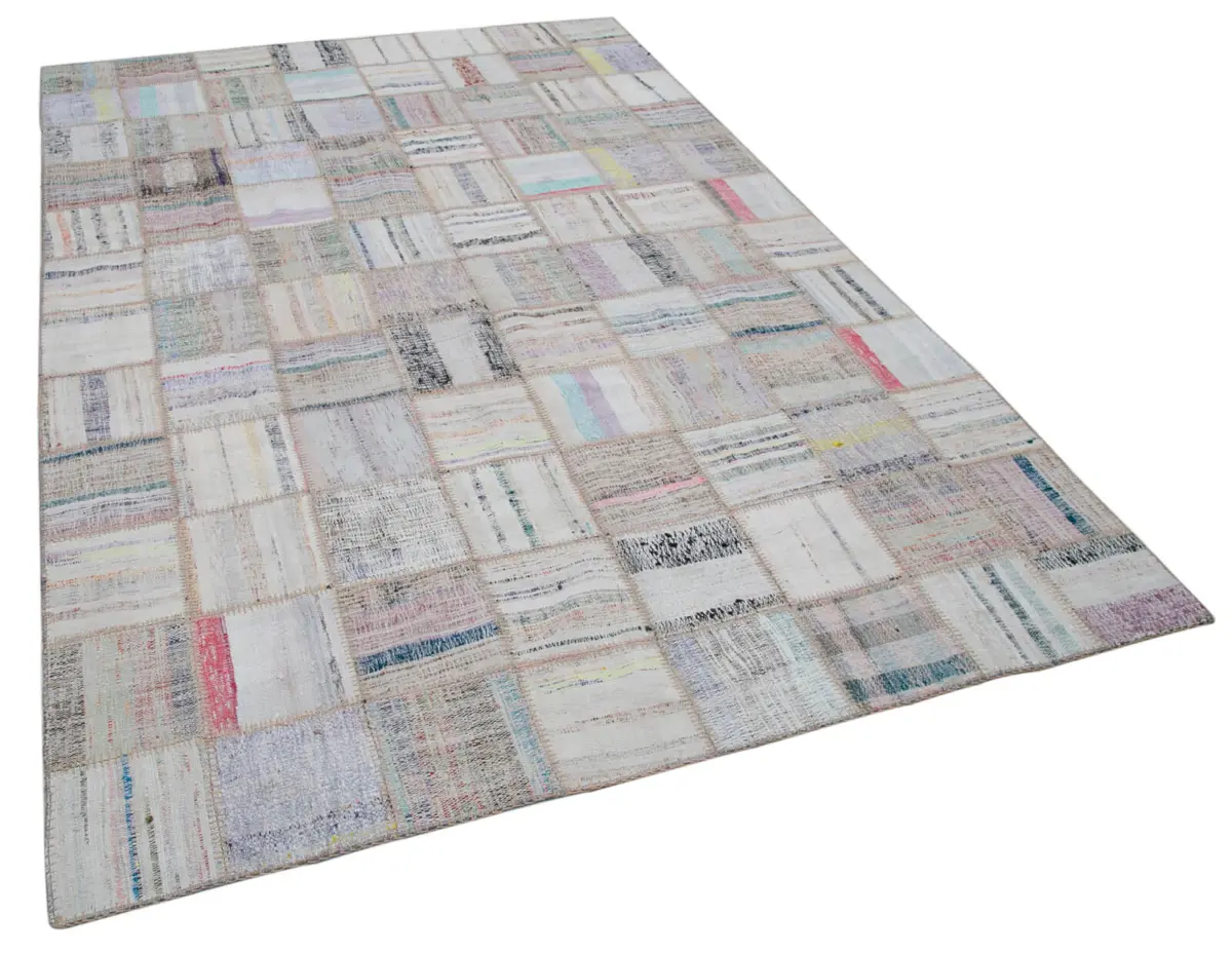 Chaput Patchwork Bej Renk Pamuk Üzerine Yün El Dokuma Kilim-197x296 - Görsel 2