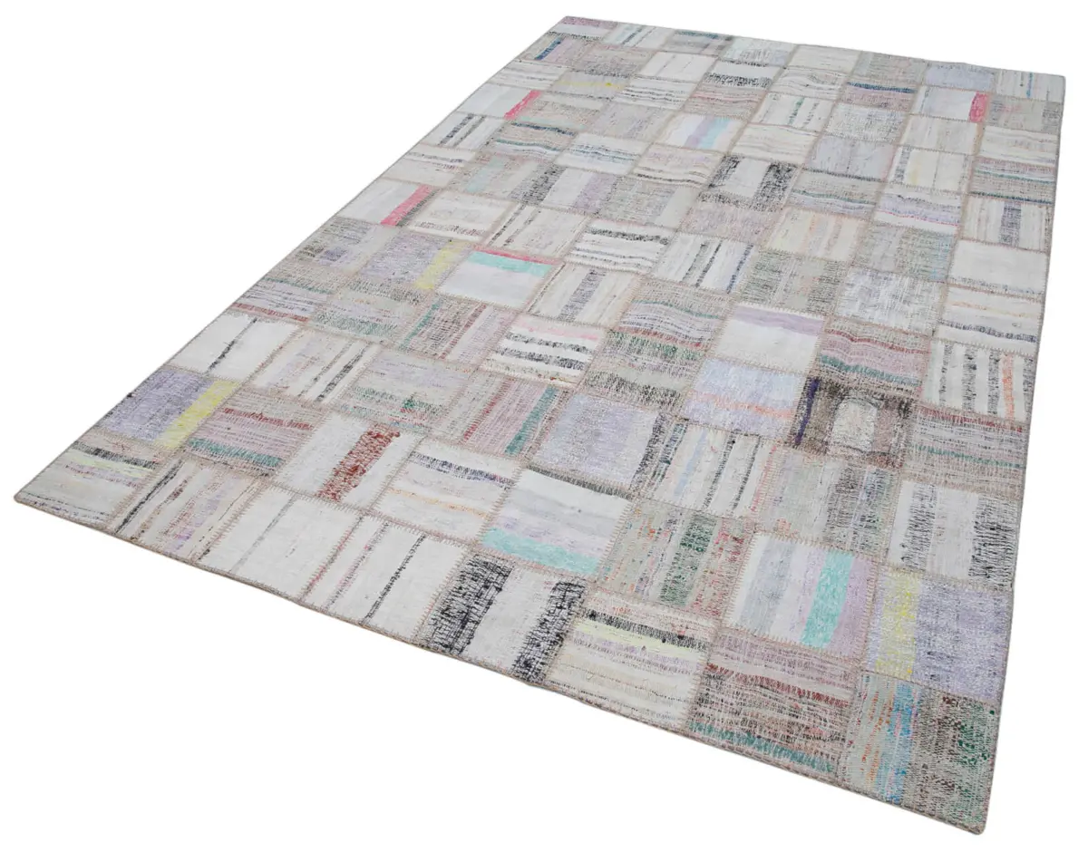 Chaput Patchwork Bej Renk Pamuk Üzerine Yün El Dokuma Kilim-197x296 - Görsel 3