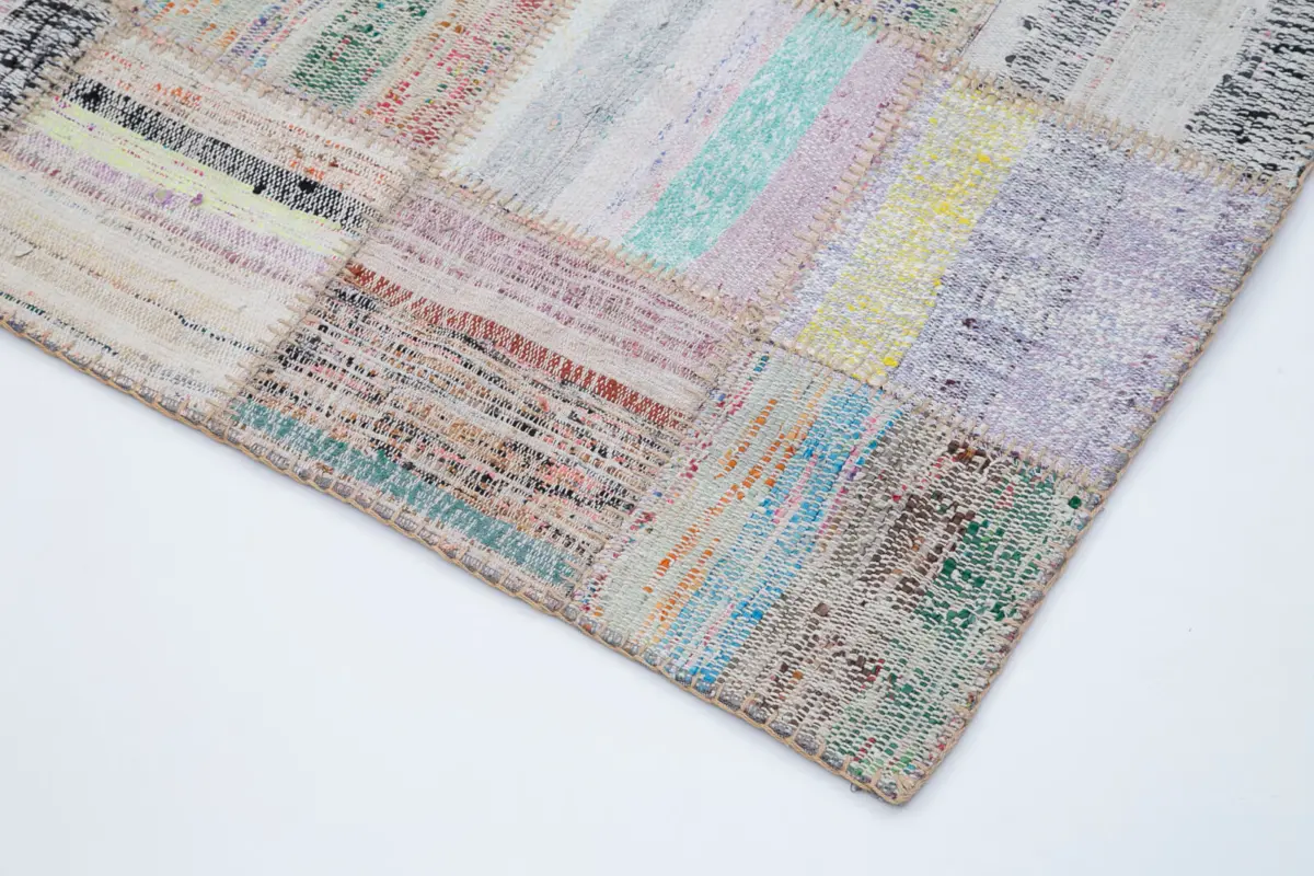 Chaput Patchwork Bej Renk Pamuk Üzerine Yün El Dokuma Kilim-197x296 - Görsel 4