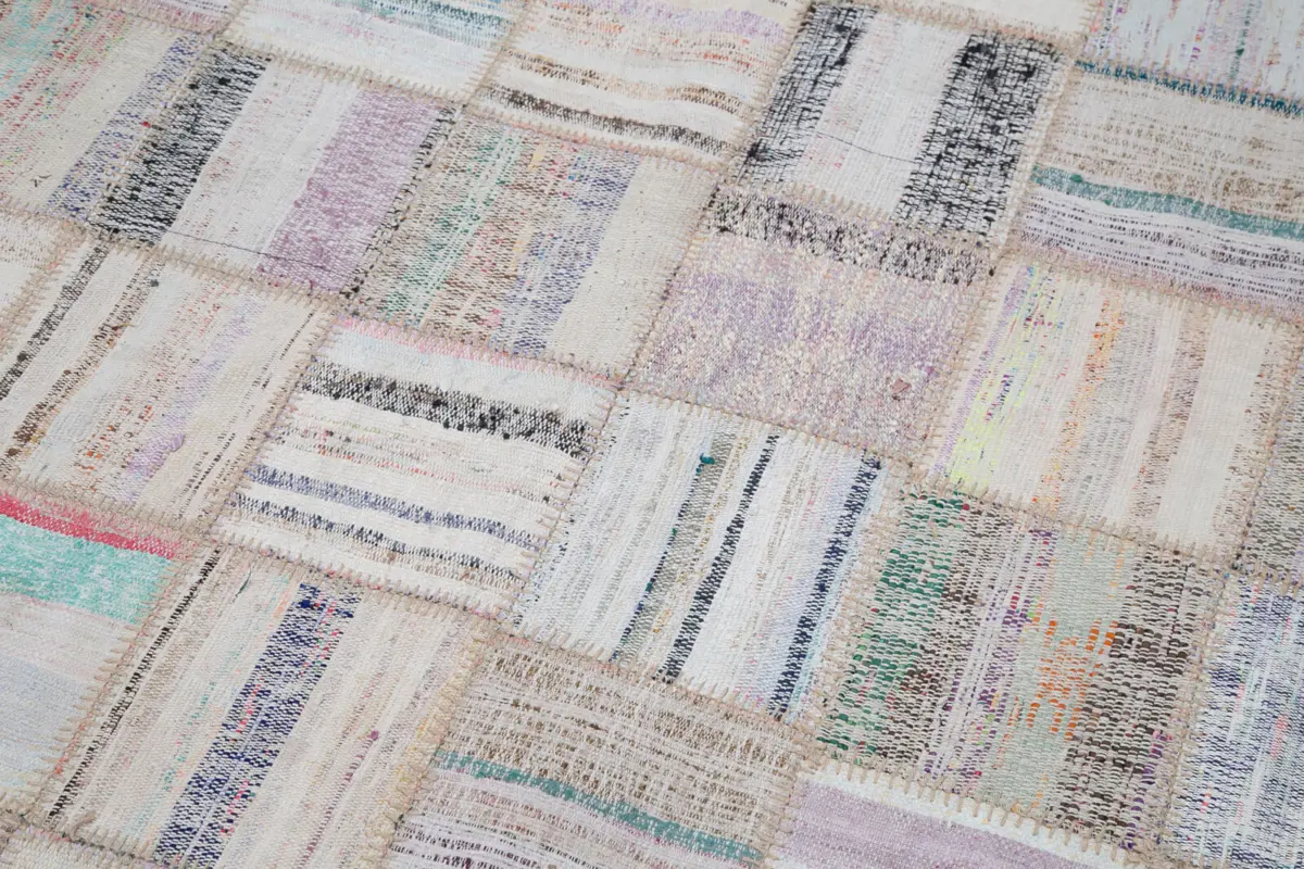 Chaput Patchwork Bej Renk Pamuk Üzerine Yün El Dokuma Kilim-197x296 - Görsel 6