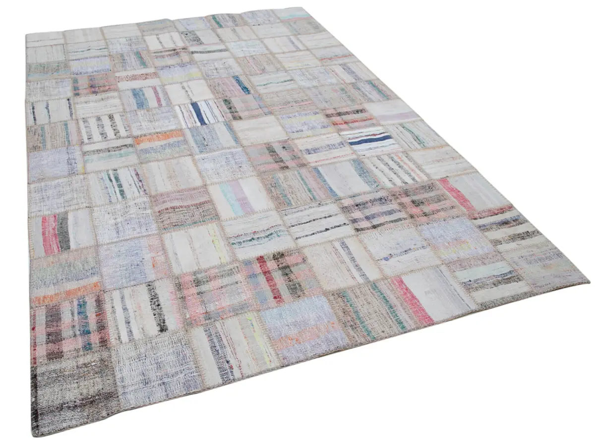 Chaput Patchwork Bej Renk Pamuk Üzerine Yün El Dokuma Kilim-195x295 - Görsel 2