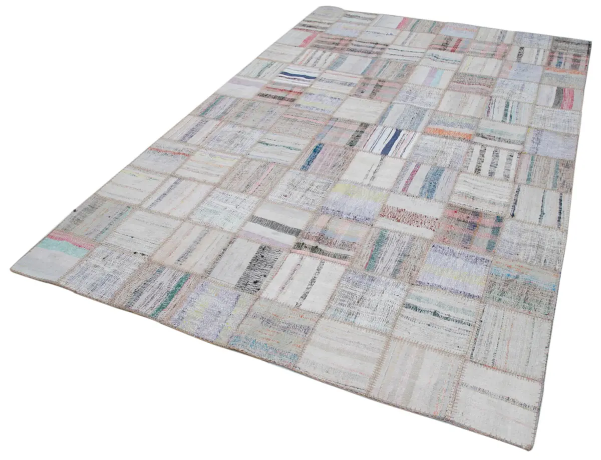 Chaput Patchwork Bej Renk Pamuk Üzerine Yün El Dokuma Kilim-195x295 - Görsel 3