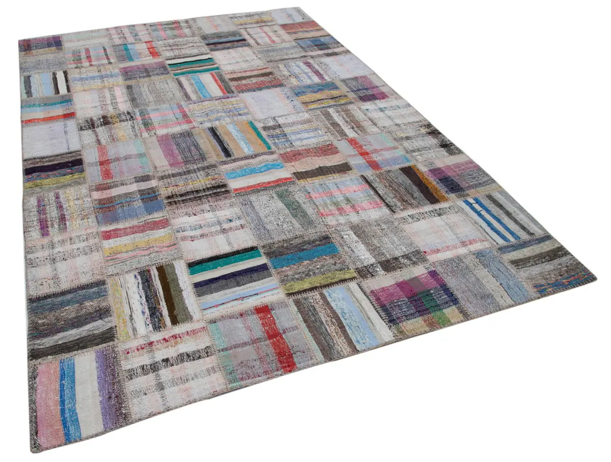 Chaput Patchwork Multi Renk Pamuk Üzerine Yün El Dokuma Kilim-207x297 - Görsel 2