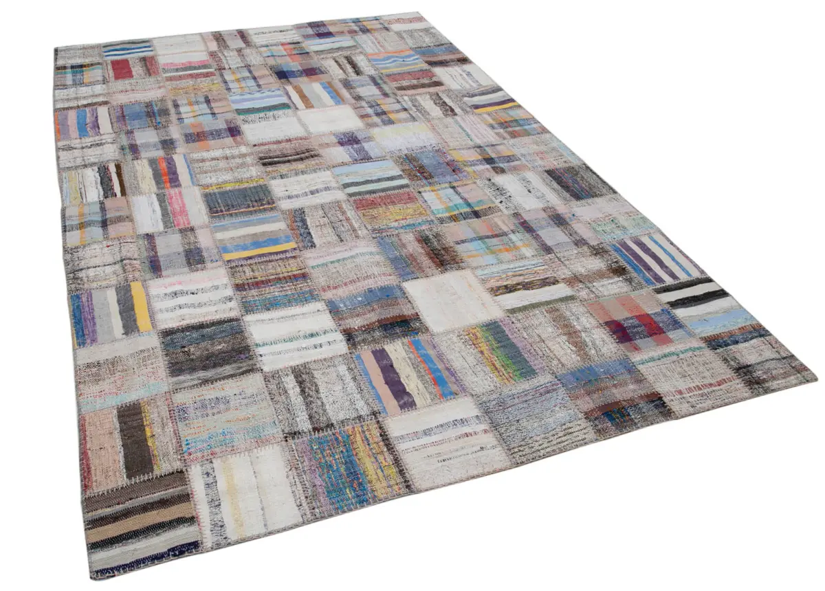 Chaput Patchwork Multi Renk Pamuk Üzerine Yün El Dokuma Kilim-196x296 - Görsel 2