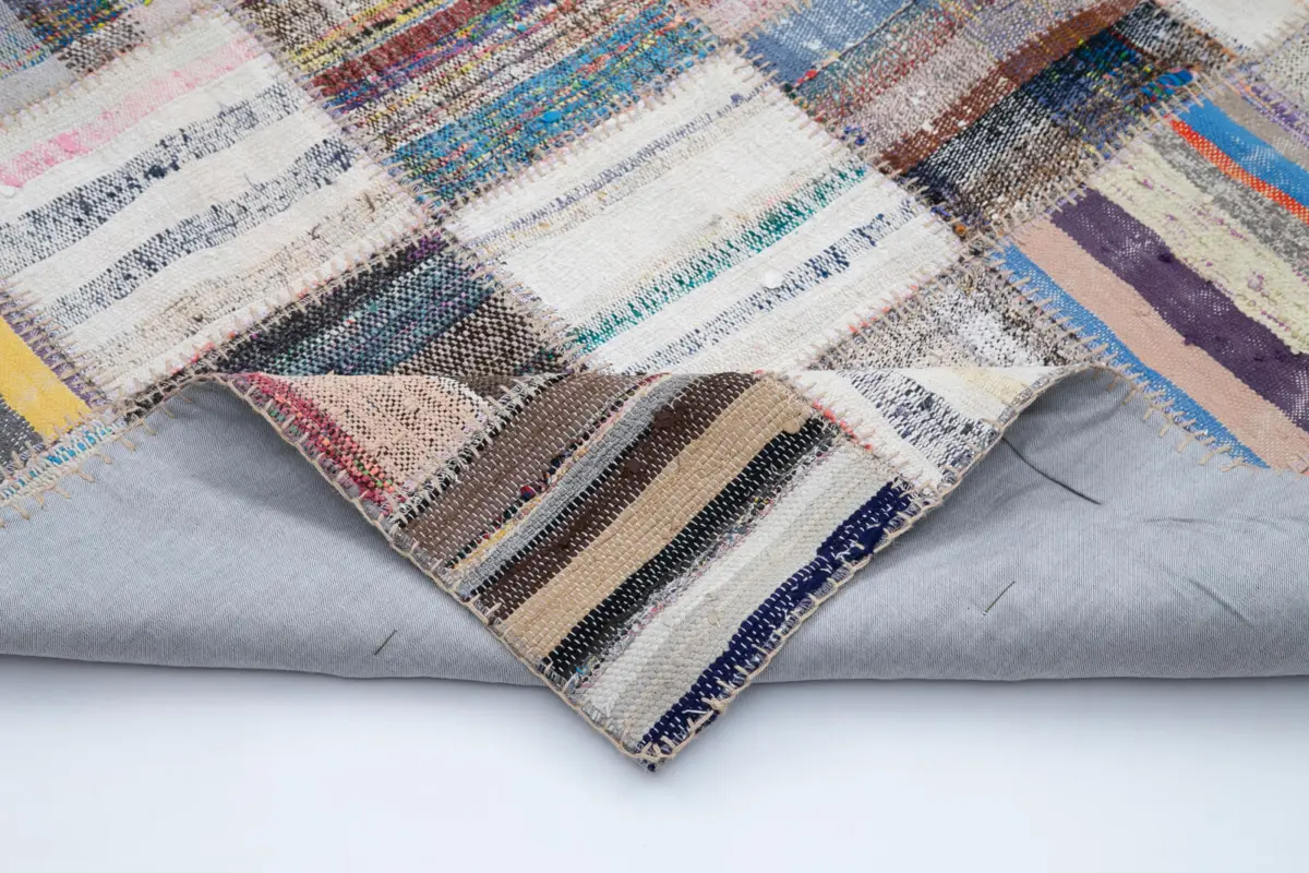Chaput Patchwork Multi Renk Pamuk Üzerine Yün El Dokuma Kilim-196x296 - Görsel 5
