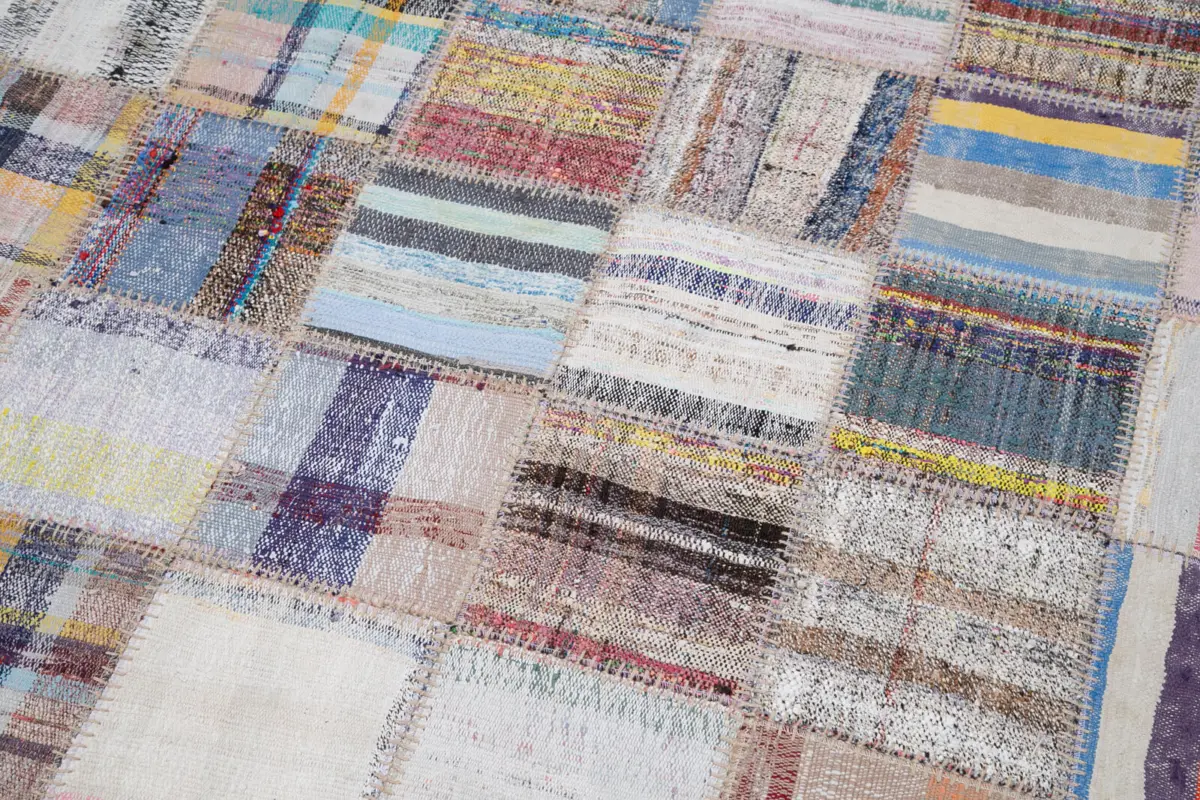 Chaput Patchwork Multi Renk Pamuk Üzerine Yün El Dokuma Kilim-196x296 - Görsel 6