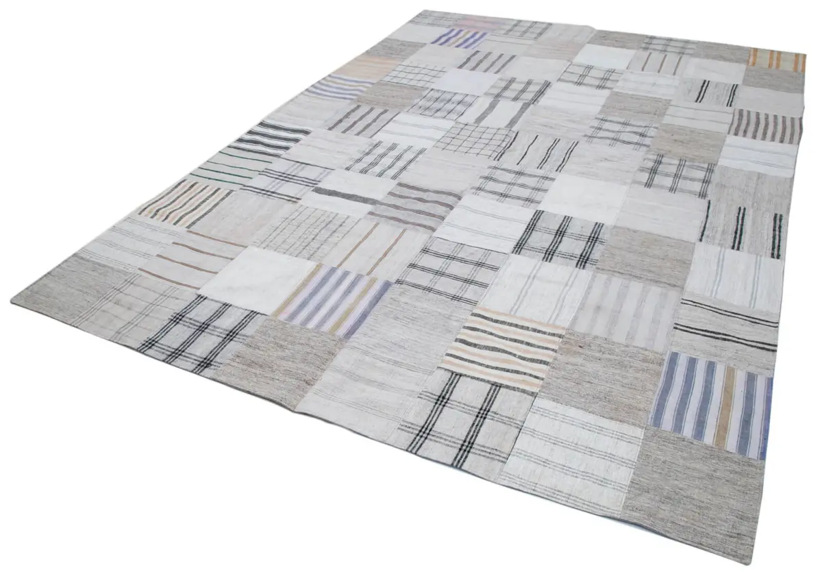 İnce Bez Patchwork Beyaz Pamuk Üzerine Yün El Dokuma Kilim-250x343 - Görsel 3