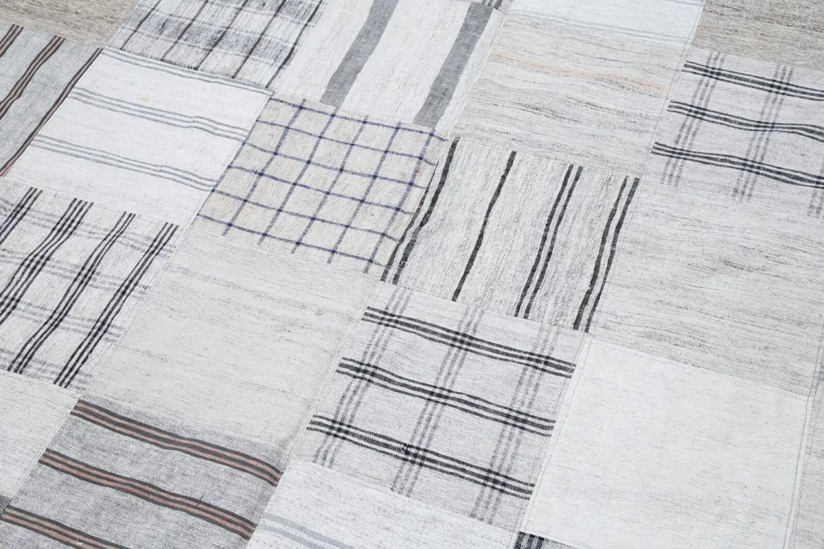 İnce Bez Patchwork Beyaz Pamuk Üzerine Yün El Dokuma Kilim-250x343 - Görsel 6
