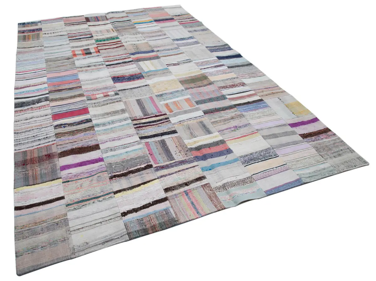 Chaput Patchwork Multi Renk Pamuk Üzerine Yün El Dokuma Kilim-227x352 - Görsel 2