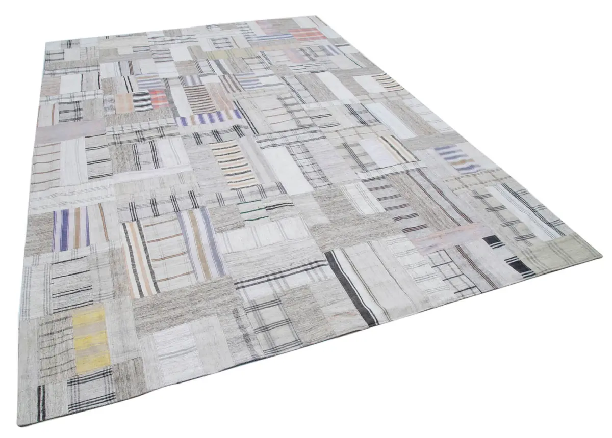 İnce Bez Patchwork Bej Pamuk Üzerine Yün El Dokuma Kilim-244x347 - Görsel 2