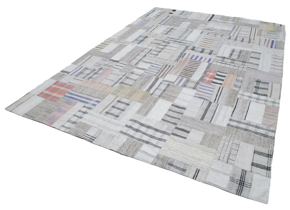 İnce Bez Patchwork Bej Pamuk Üzerine Yün El Dokuma Kilim-244x347 - Görsel 3