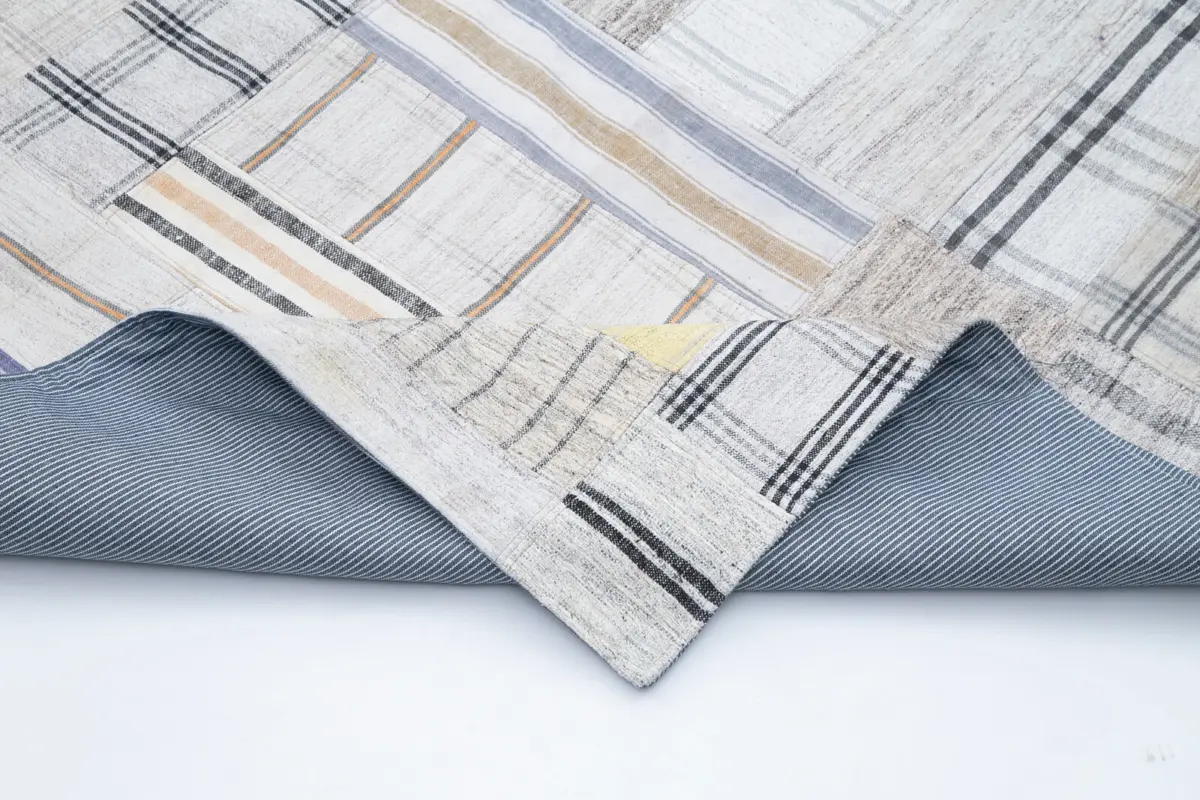 İnce Bez Patchwork Bej Pamuk Üzerine Yün El Dokuma Kilim-244x347 - Görsel 5