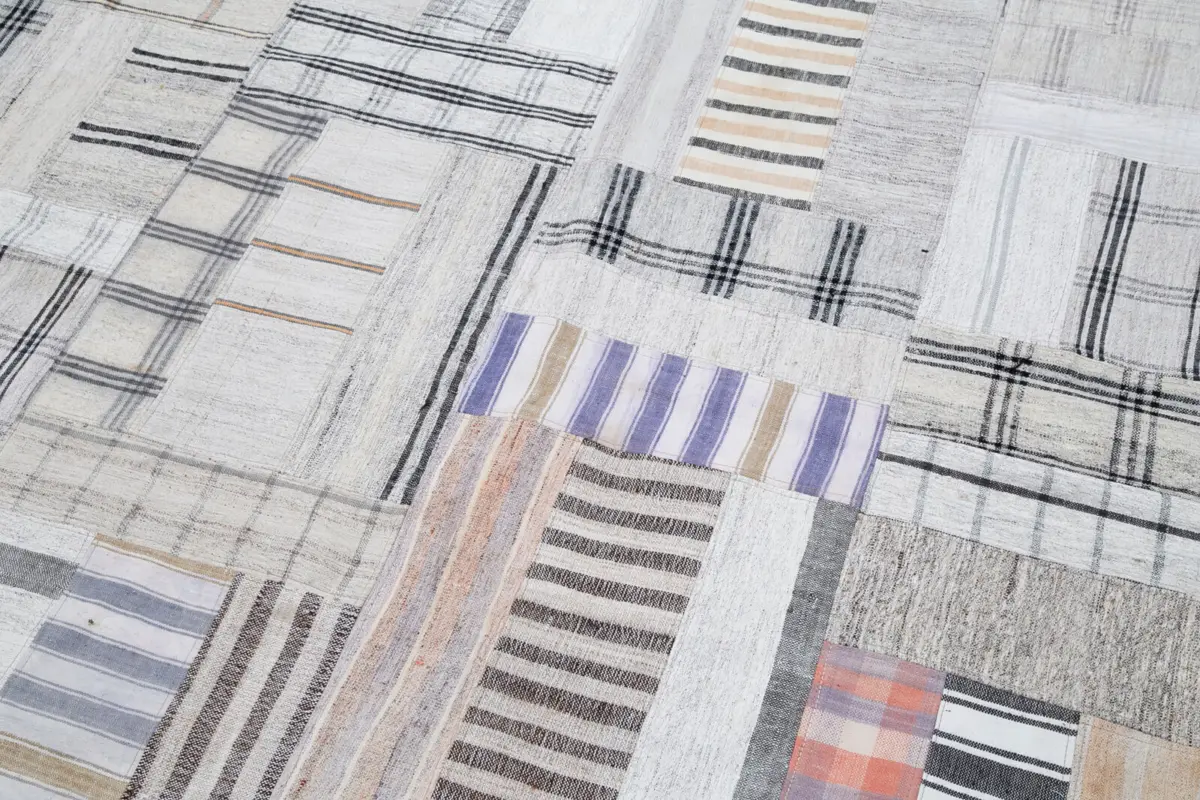 İnce Bez Patchwork Bej Pamuk Üzerine Yün El Dokuma Kilim-244x347 - Görsel 6