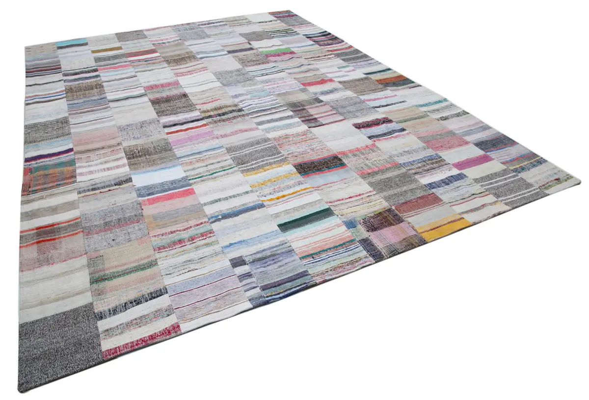 Chaput Patchwork Multi Renk Pamuk Üzerine Yün El Dokuma Kilim-302x402 - Görsel 2