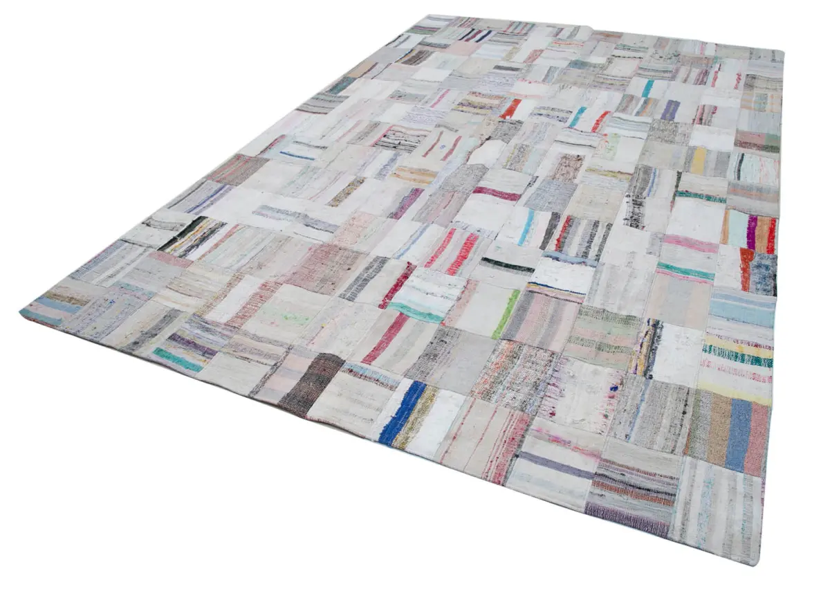 Chaput Patchwork Bej Renk Pamuk Üzerine Yün El Dokuma Kilim-250x367 - Görsel 3