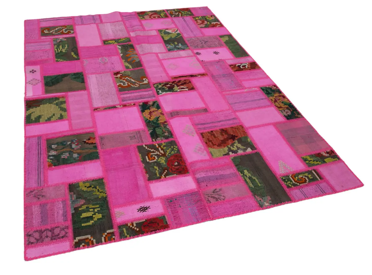 Chaput Patchwork Pembe Renk Pamuk Üzerine Yün El Dokuma Kilim-171x236 - Görsel 2