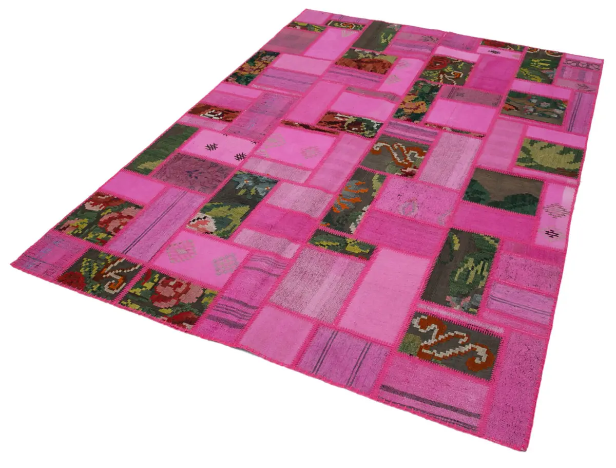 Chaput Patchwork Pembe Renk Pamuk Üzerine Yün El Dokuma Kilim-171x236 - Görsel 3
