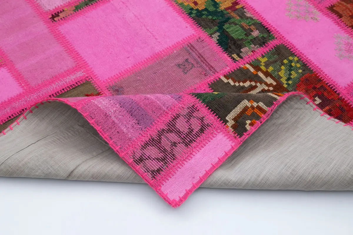 Chaput Patchwork Pembe Renk Pamuk Üzerine Yün El Dokuma Kilim-171x236 - Görsel 5