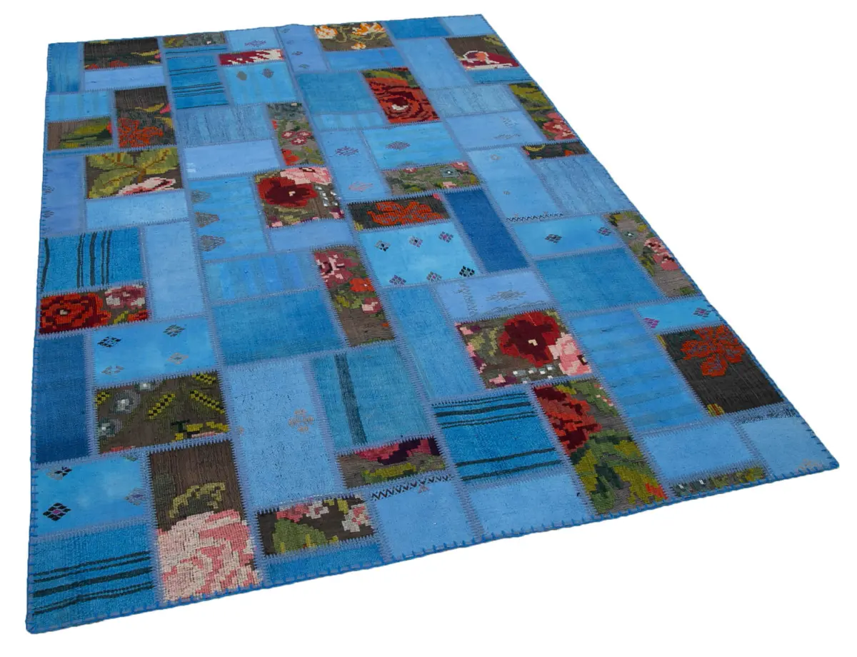 Chaput Patchwork Mavi Renk Pamuk Üzerine Yün El Dokuma Kilim-168x234 - Görsel 2