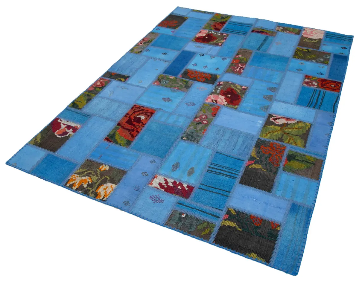 Chaput Patchwork Mavi Renk Pamuk Üzerine Yün El Dokuma Kilim-168x234 - Görsel 3