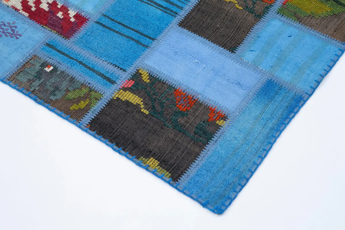 Chaput Patchwork Mavi Renk Pamuk Üzerine Yün El Dokuma Kilim-168x234 - Görsel 4