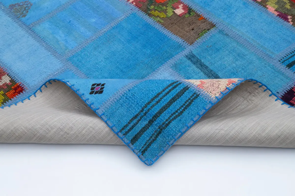 Chaput Patchwork Mavi Renk Pamuk Üzerine Yün El Dokuma Kilim-168x234 - Görsel 5