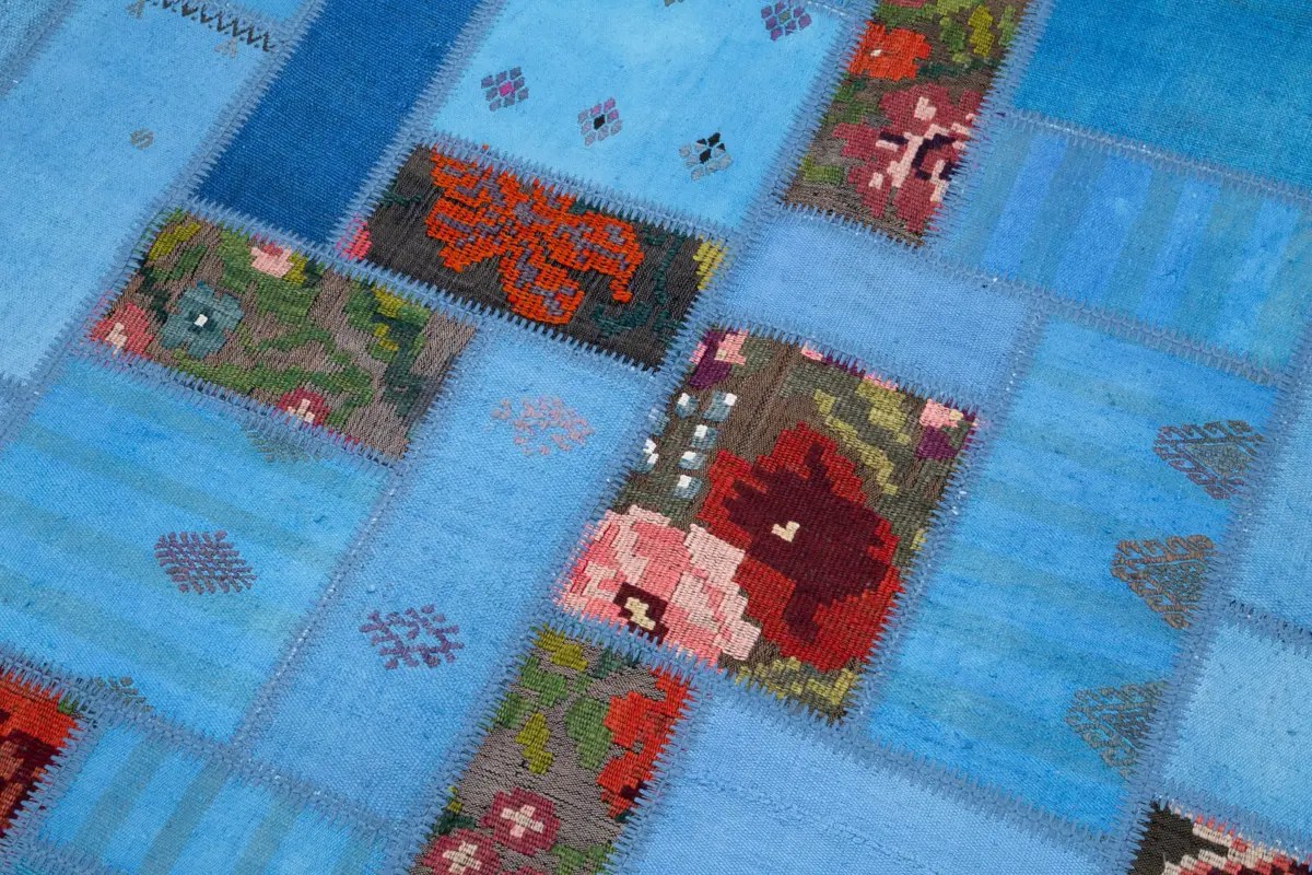 Chaput Patchwork Mavi Renk Pamuk Üzerine Yün El Dokuma Kilim-168x234 - Görsel 6