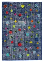 Patchwork Mavi Pamuk Üzerine Yün El Dokuma Kilim-155x225