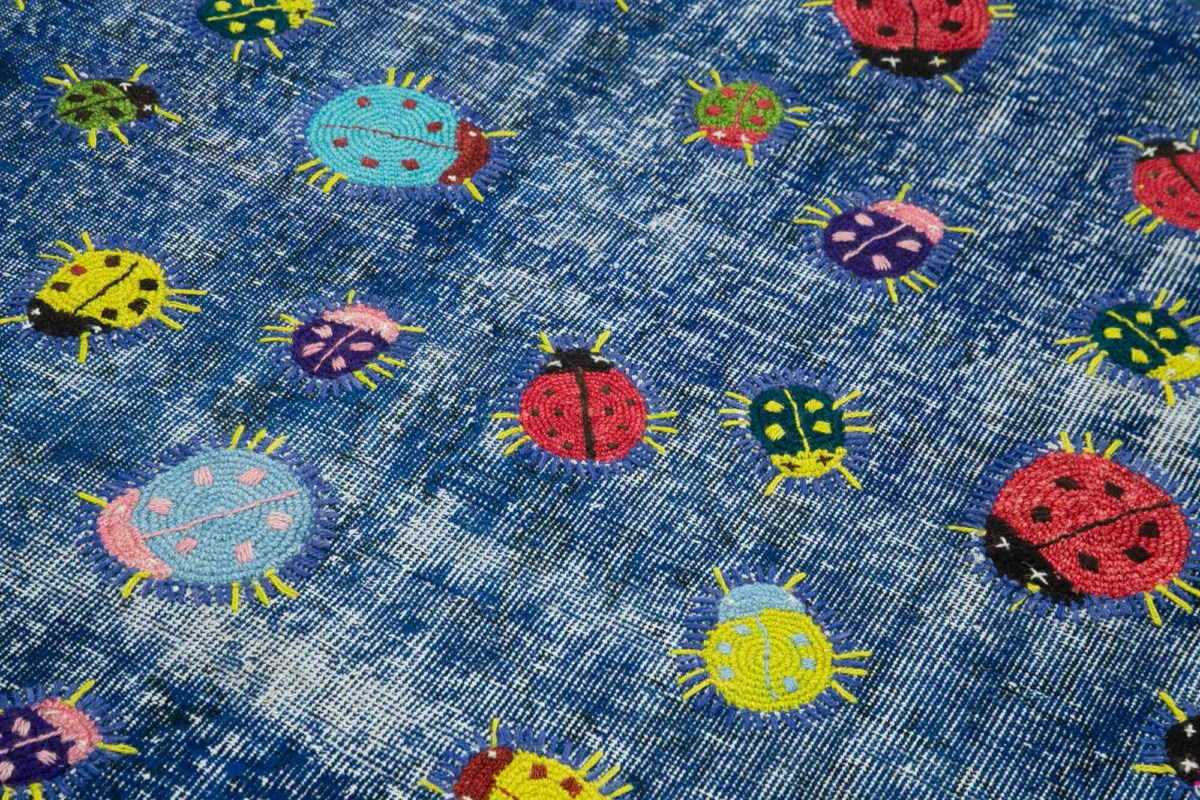 Patchwork Mavi Pamuk Üzerine Yün El Dokuma Kilim-155x225 - Görsel 5