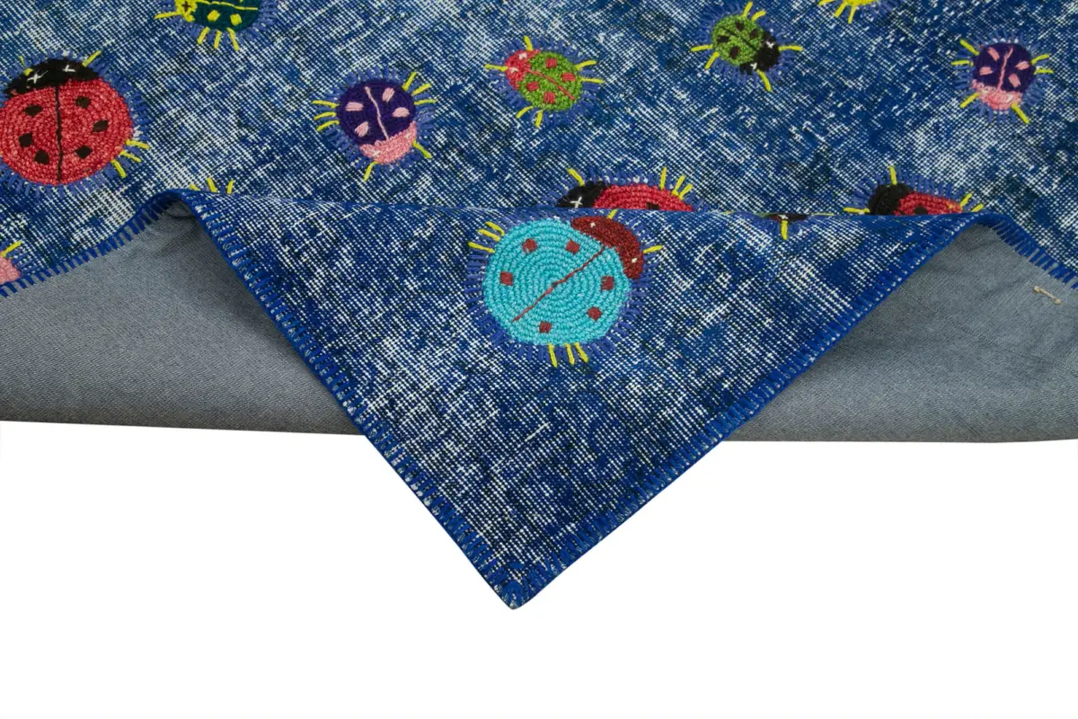 Patchwork Mavi Pamuk Üzerine Yün El Dokuma Kilim-155x225 - Görsel 6