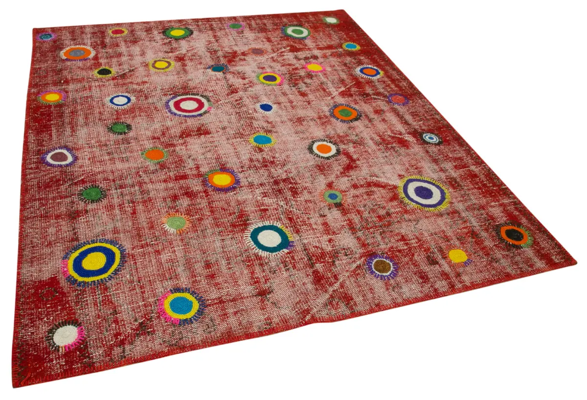Patchwork Kırmızı Pamuk Üzerine Yün El Dokuma Kilim-179x214 - Görsel 2