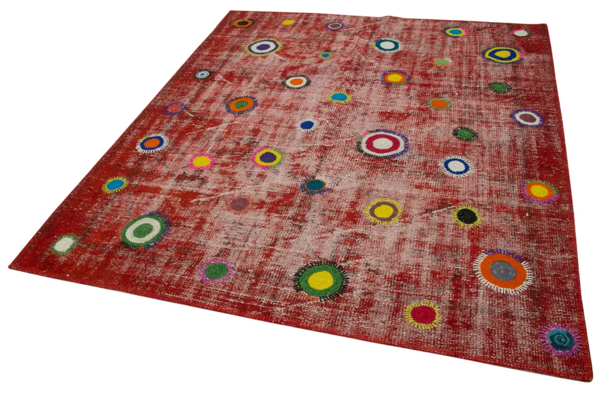 Patchwork Kırmızı Pamuk Üzerine Yün El Dokuma Kilim-179x214 - Görsel 3