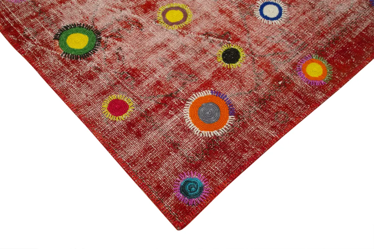 Patchwork Kırmızı Pamuk Üzerine Yün El Dokuma Kilim-179x214 - Görsel 4