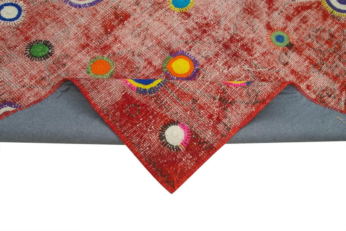 Patchwork Kırmızı Pamuk Üzerine Yün El Dokuma Kilim-179x214 - Görsel 6