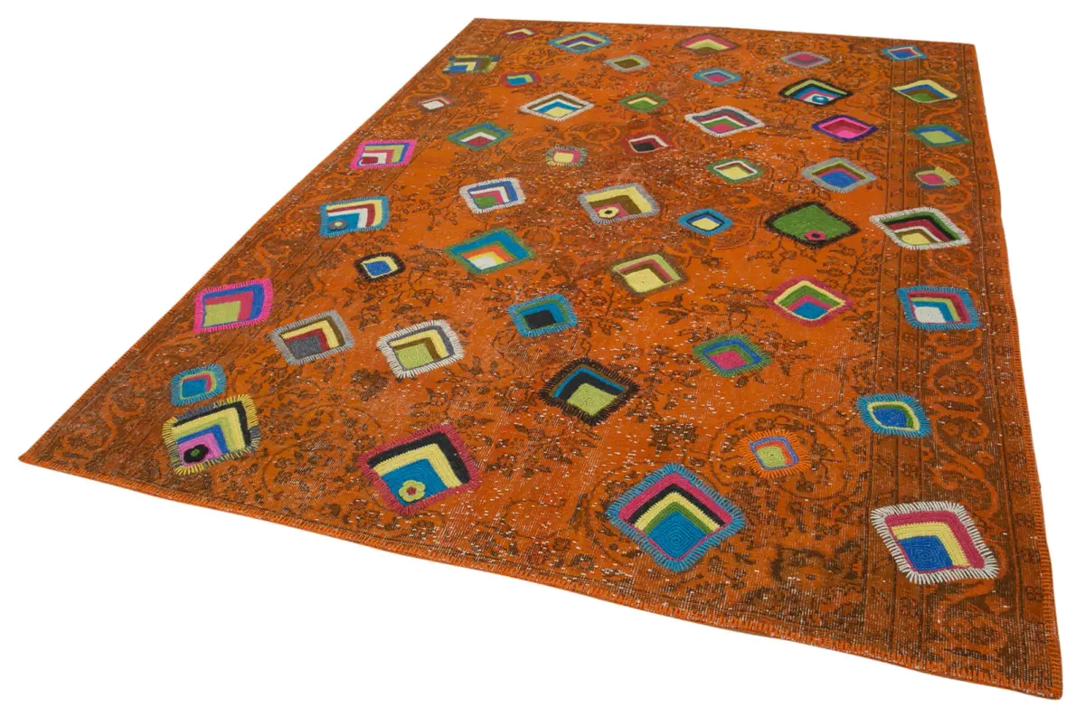Patchwork Turuncu Pamuk Üzerine Yün El Dokuma Kilim-208x292 - Görsel 3
