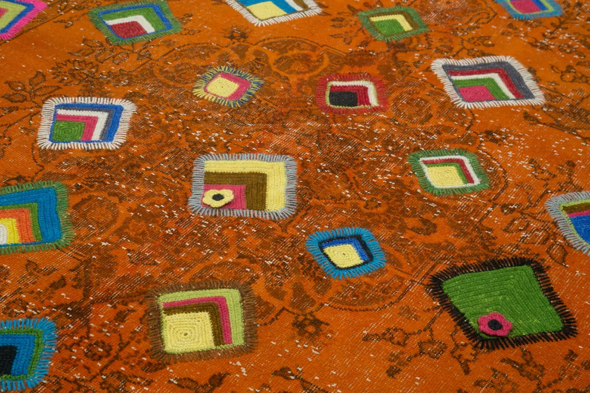 Patchwork Turuncu Pamuk Üzerine Yün El Dokuma Kilim-208x292 - Görsel 5