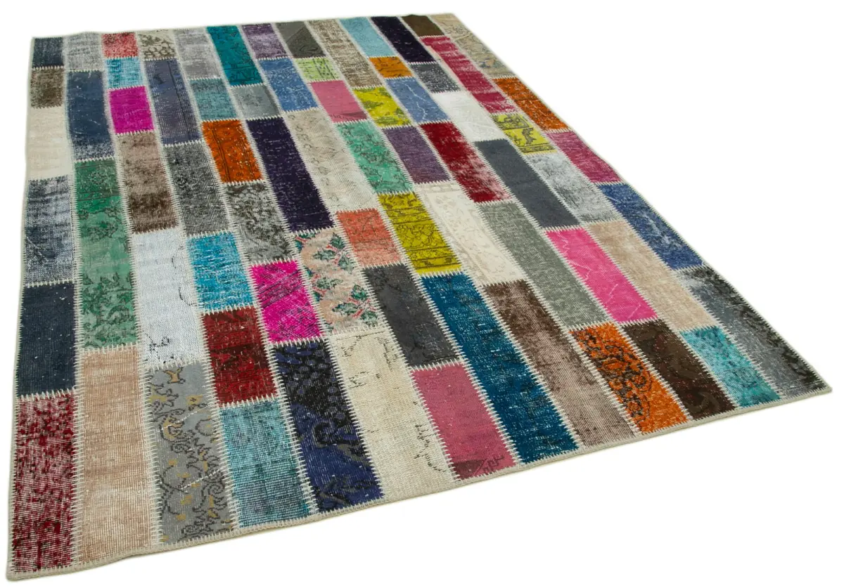 Patchwork Multi Pamuk Üzerine Yün El Dokuma Kilim-187x250 - Görsel 2