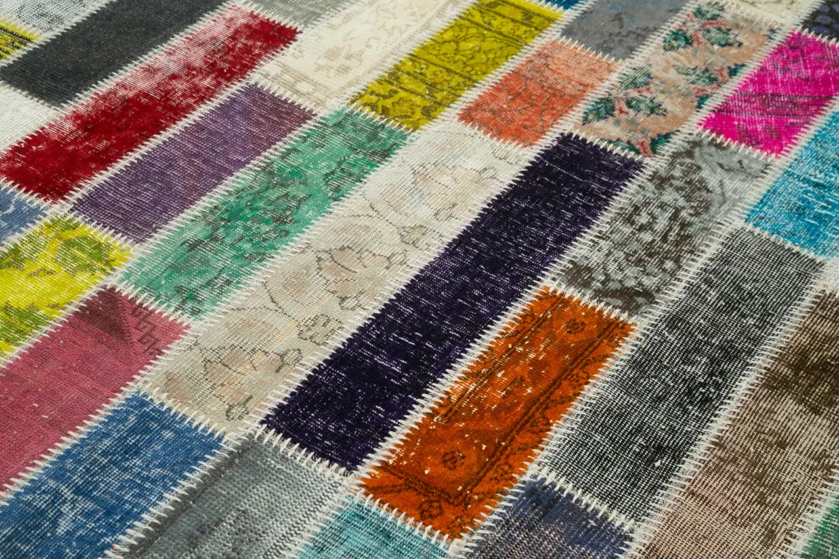 Patchwork Multi Pamuk Üzerine Yün El Dokuma Kilim-187x250 - Görsel 5