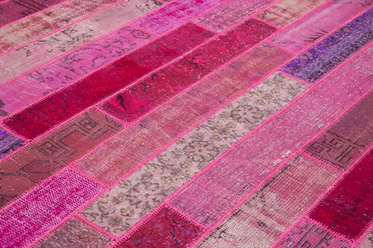 Patchwork Pembe Pamuk Üzerine Yün El Dokuma Kilim-252x308 - Görsel 5