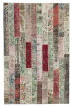 Patchwork Kırmızı Pamuk Üzerine Yün El Dokuma Kilim-200x305