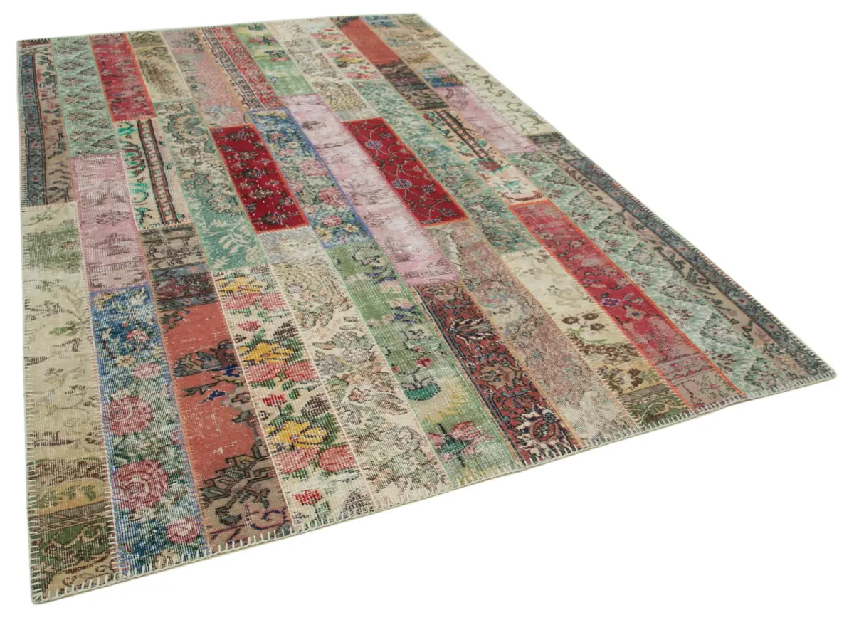 Patchwork Kırmızı Pamuk Üzerine Yün El Dokuma Kilim-200x305 - Görsel 2