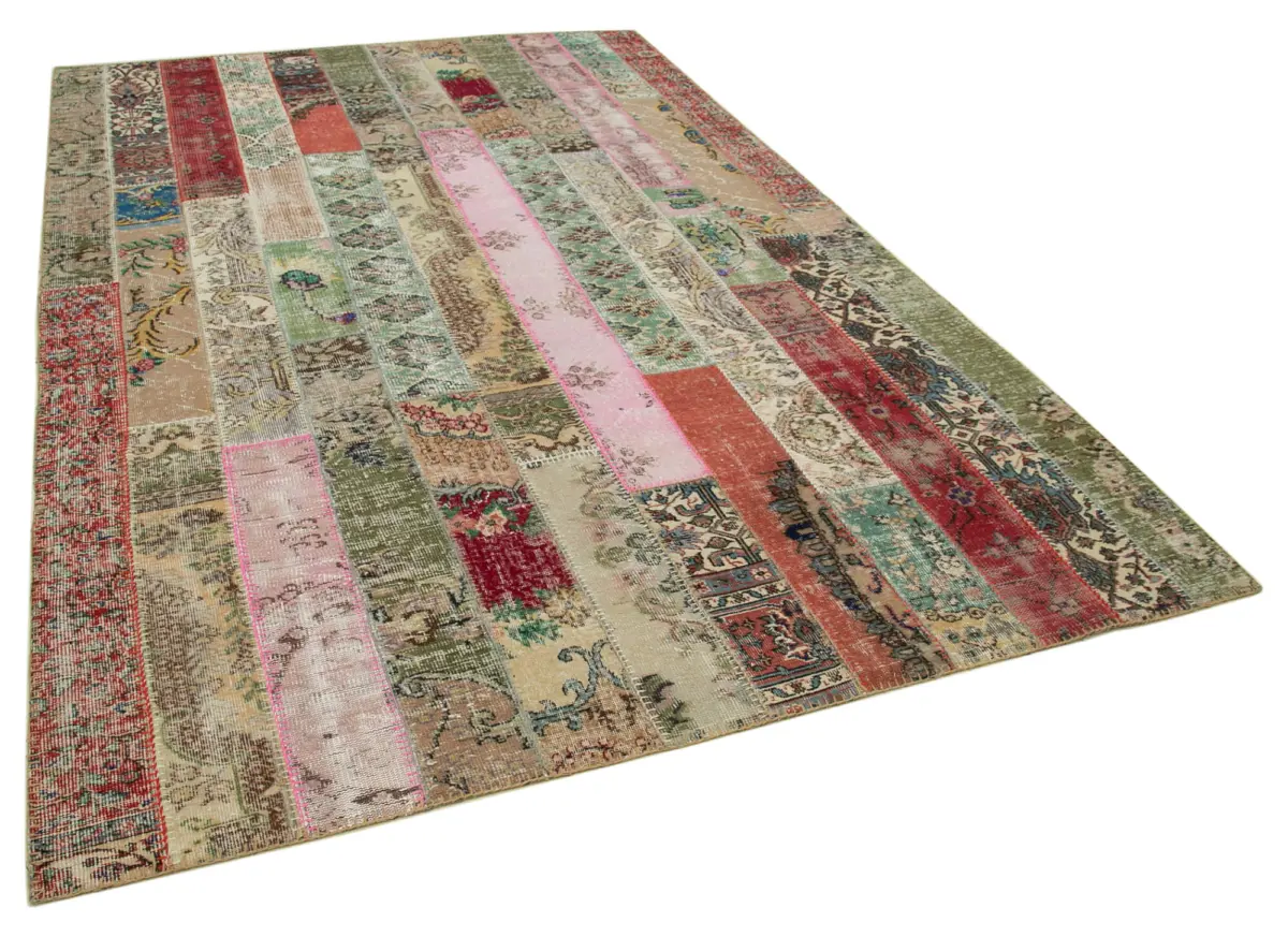 Patchwork Multi Pamuk Üzerine Yün El Dokuma Kilim-202x308 - Görsel 2