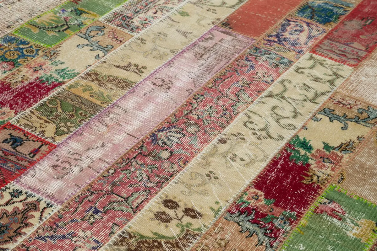 Patchwork Multi Pamuk Üzerine Yün El Dokuma Kilim-201x305 - Görsel 5