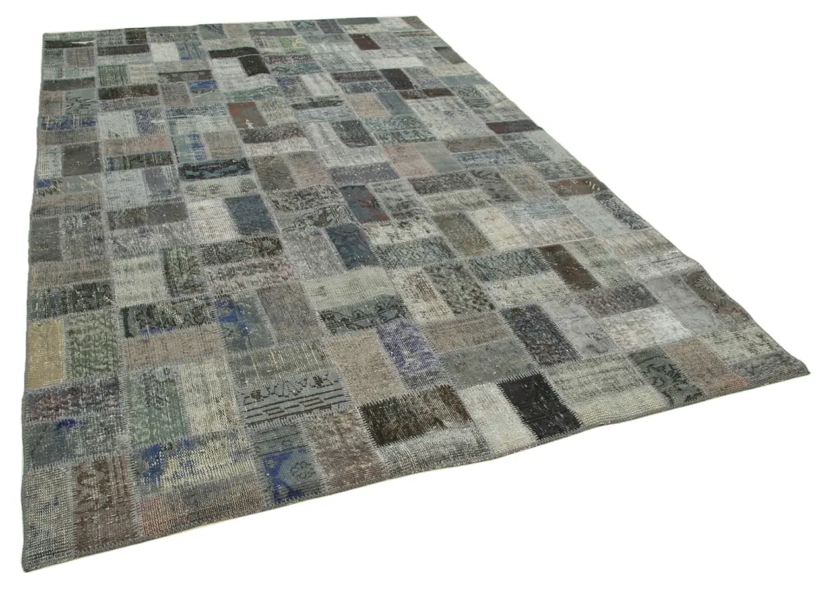 Patchwork Gri Pamuk Üzerine Yün El Dokuma Kilim-202x310 - Görsel 2