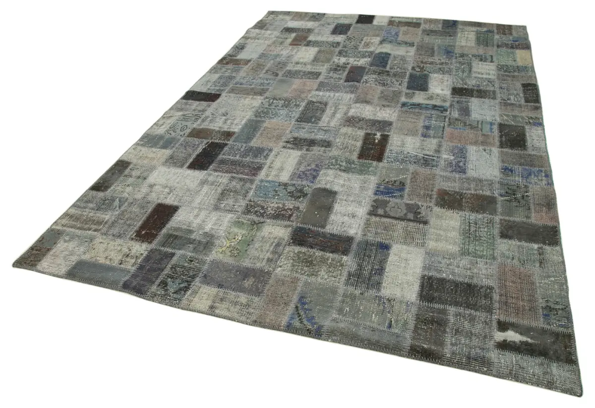 Patchwork Gri Pamuk Üzerine Yün El Dokuma Kilim-202x310 - Görsel 3
