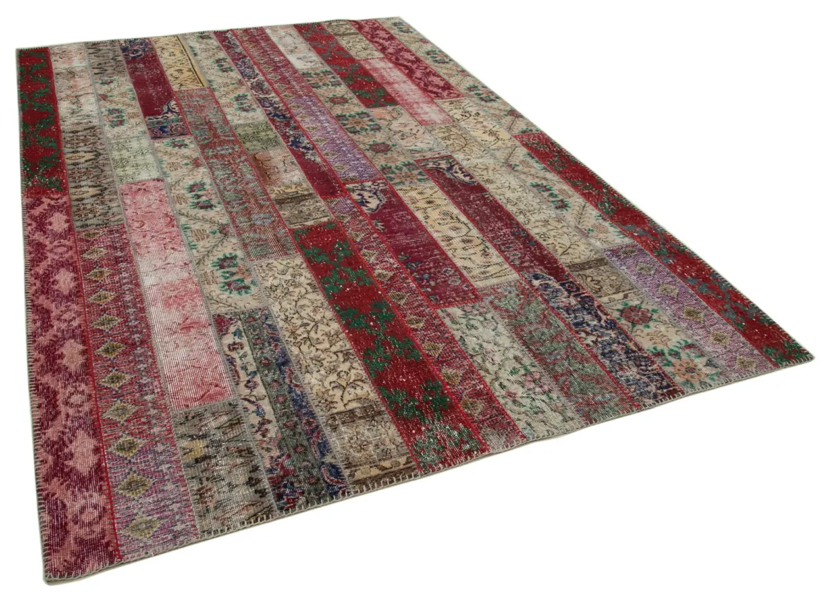 Patchwork Multi Pamuk Üzerine Yün El Dokuma Kilim-203x305 - Görsel 2