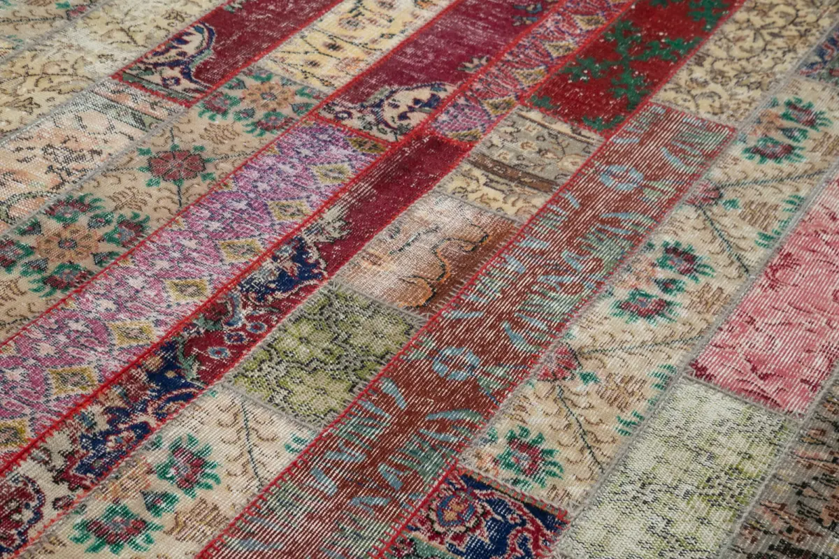 Patchwork Multi Pamuk Üzerine Yün El Dokuma Kilim-203x305 - Görsel 5