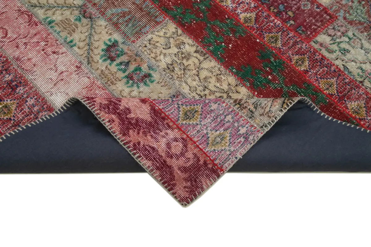 Patchwork Multi Pamuk Üzerine Yün El Dokuma Kilim-203x305 - Görsel 6