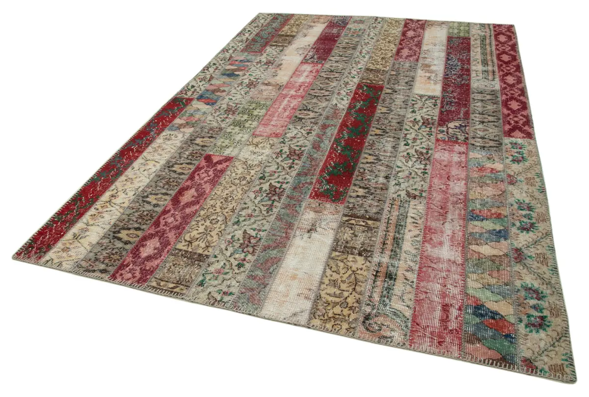 Patchwork Multi Pamuk Üzerine Yün El Dokuma Kilim-203x304 - Görsel 3