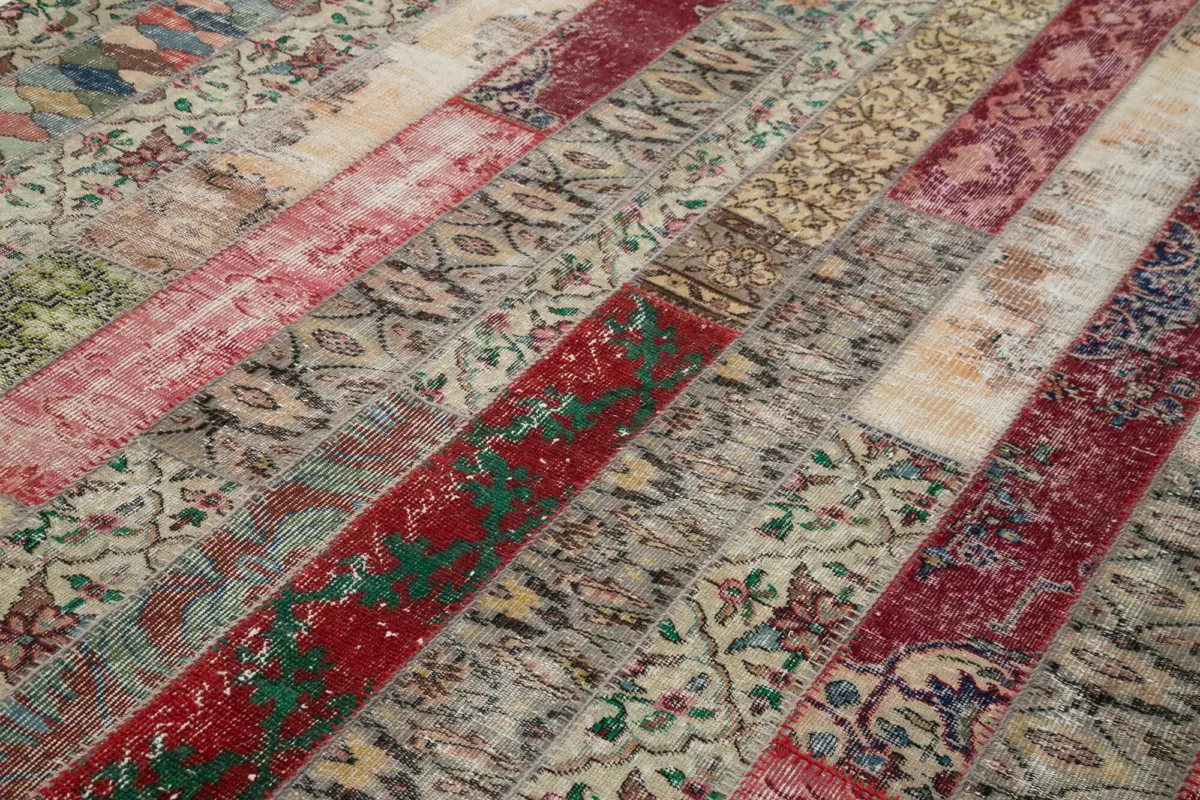 Patchwork Multi Pamuk Üzerine Yün El Dokuma Kilim-203x304 - Görsel 5